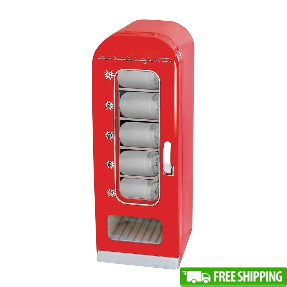Retro Mini Beverage Cooler – 0.6 Cu.Ft Can Dispenser Fridge with Push Button Vending & 5 Shelves (Red)