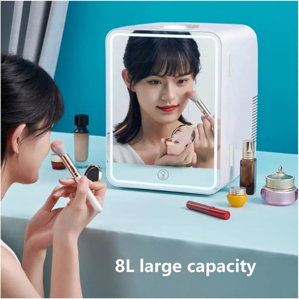 8L Skincare Mini Fridge with LED Mirror – Portable AC/DC Cooler & Warmer