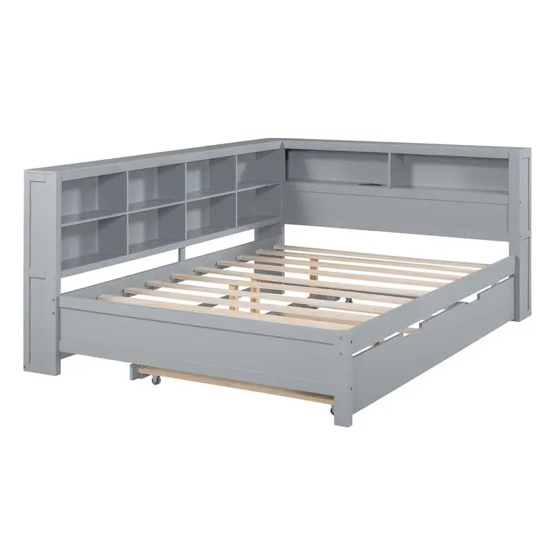 Grey Wooden Full Size Daybed with Twin Trundle, Storage Shelf & Built-in USB Ports