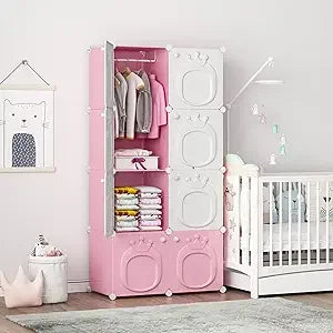 MAGINELS Kids Closet & Wardrobe – Pink 8-Cube Baby Dresser with Doors