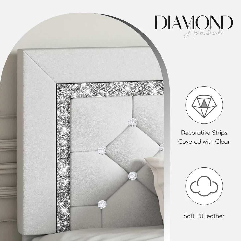 Platform Bed Frame with Upholstered Diamond Headboard & Wooden Slat Support