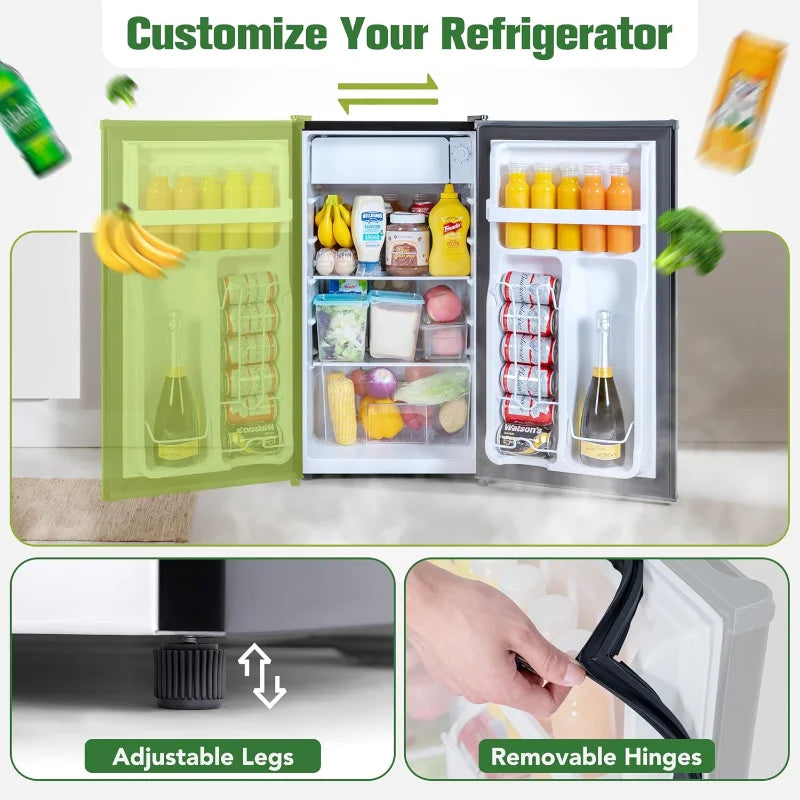 3.2 Cu.Ft Mini Fridge with Freezer – Compact Refrigerator with Reversible Door, Low Noise & Energy-Saving