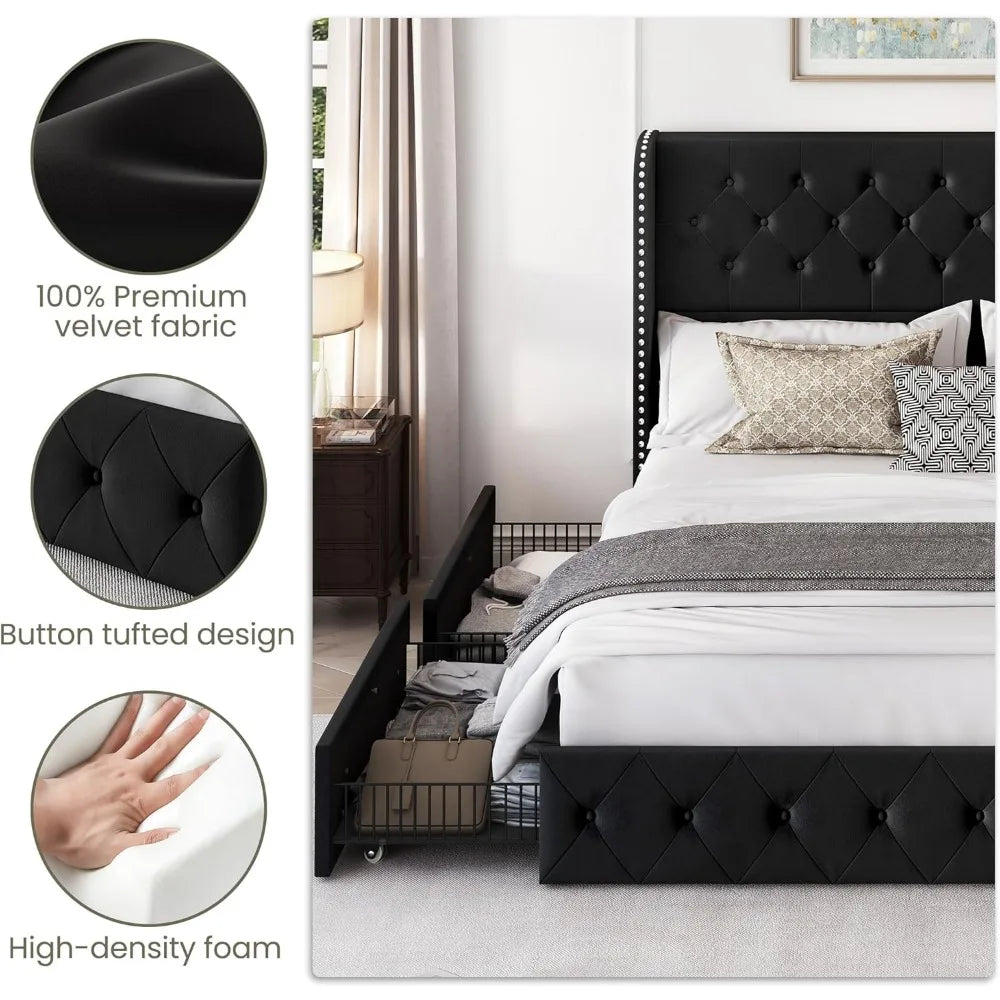 LARMACE King Size Velvet Upholstered Platform Bed – Modern Bed Frame with Headboard