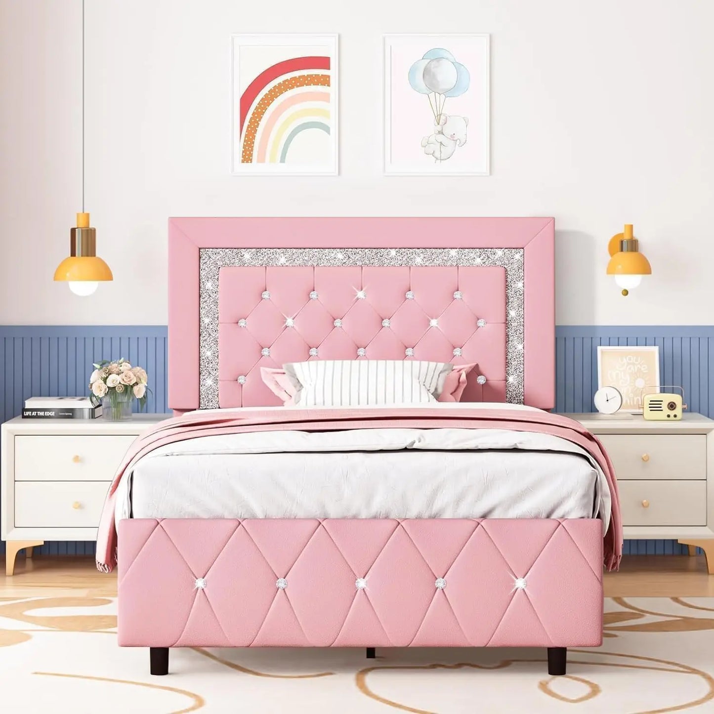 Platform Bed Frame with Upholstered Diamond Headboard & Wooden Slat Support