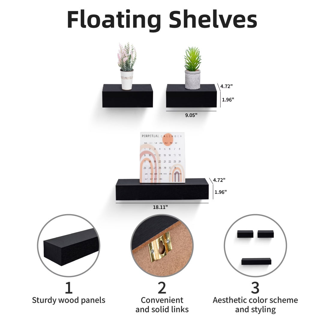 Floating Shelves 18.11 Wall Mounted Wood Shelves For Bathroom, Bedroom, Living Room, Kitchen, Hanging Shelf For Books Storage Decor With Invisible Brackets, Black