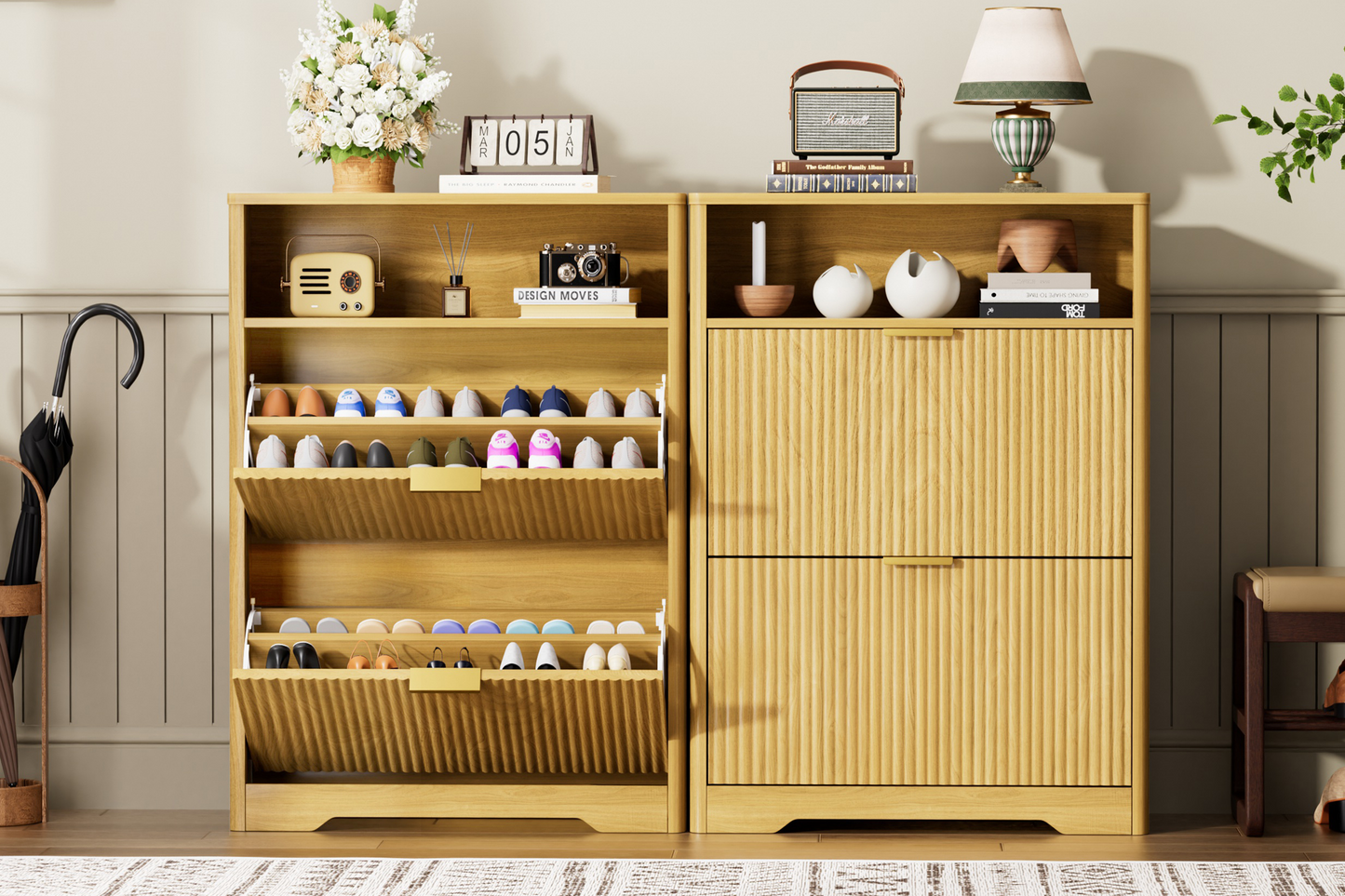 Shoe Cabinet Storage For Entryway Hidden Shoes Storage Cabinet With 2 Flip Drawers, Tall Free Standing Shoe Organizer Rack For Foyer, Hallway. Natural,31.6 L X 9.6 W X 40 H.