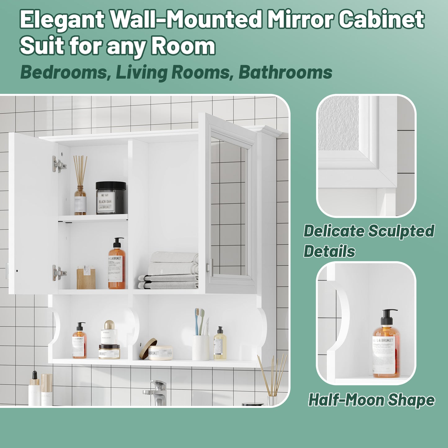 30 Inch Mirror Medicine Cabinet With Open Shelves, Wall Mounted Home Storage With Doors & Mirror, Adjustable Shelf, Bathroom Storage Cabinet Over Toilet