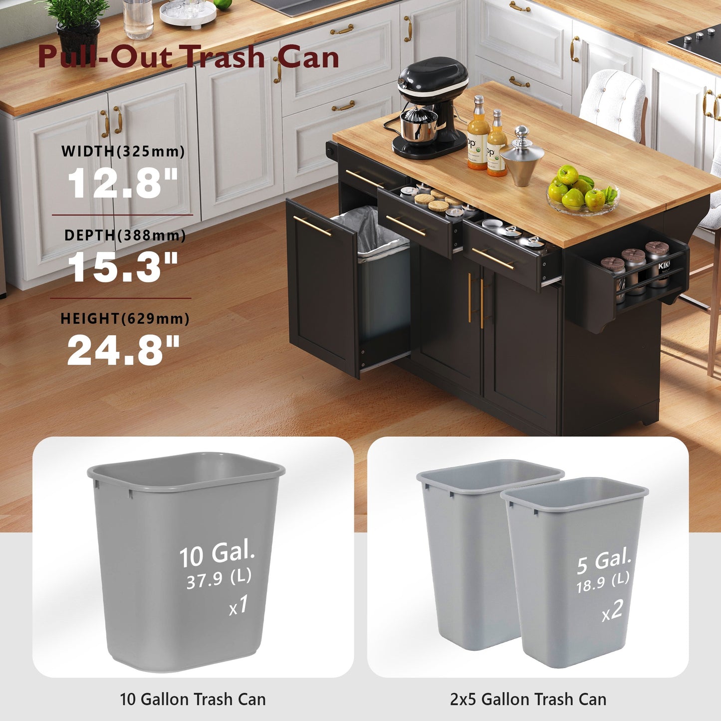 K&K 59.3 Kitchen Island With Storage 2 Pull Out Cabinet Organizers & Rubber Wood Drop Leaf, Rolling Kitchen Island With Trash Can Storage, Power Outlet, Spice & Towel Rack For Kitchen, Dining, Black