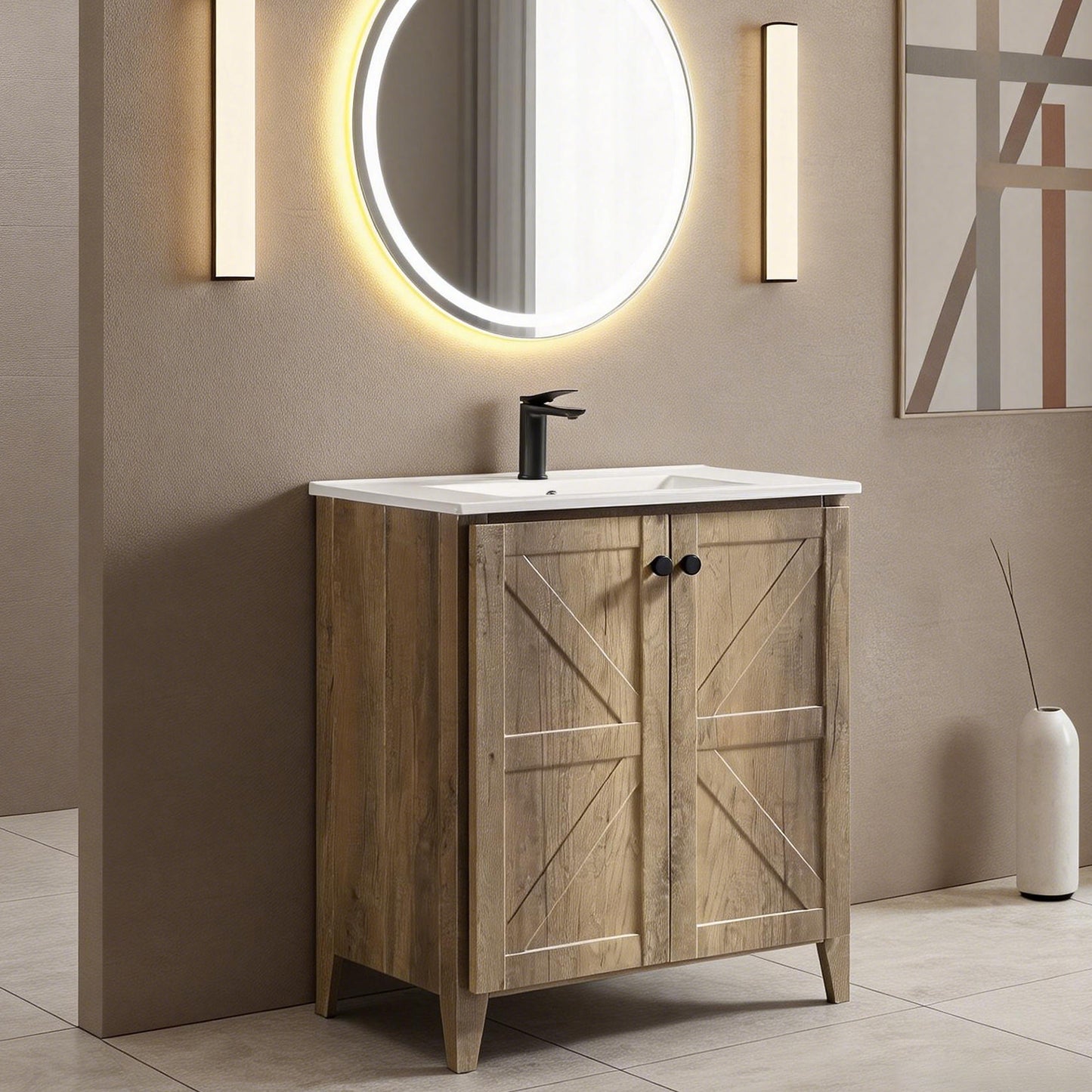 30inch Antique Grey Folding Floor Cabinet With Ceramic Sink Patented 1-Minute Install Space-Saving & Easy Assemble American Style
