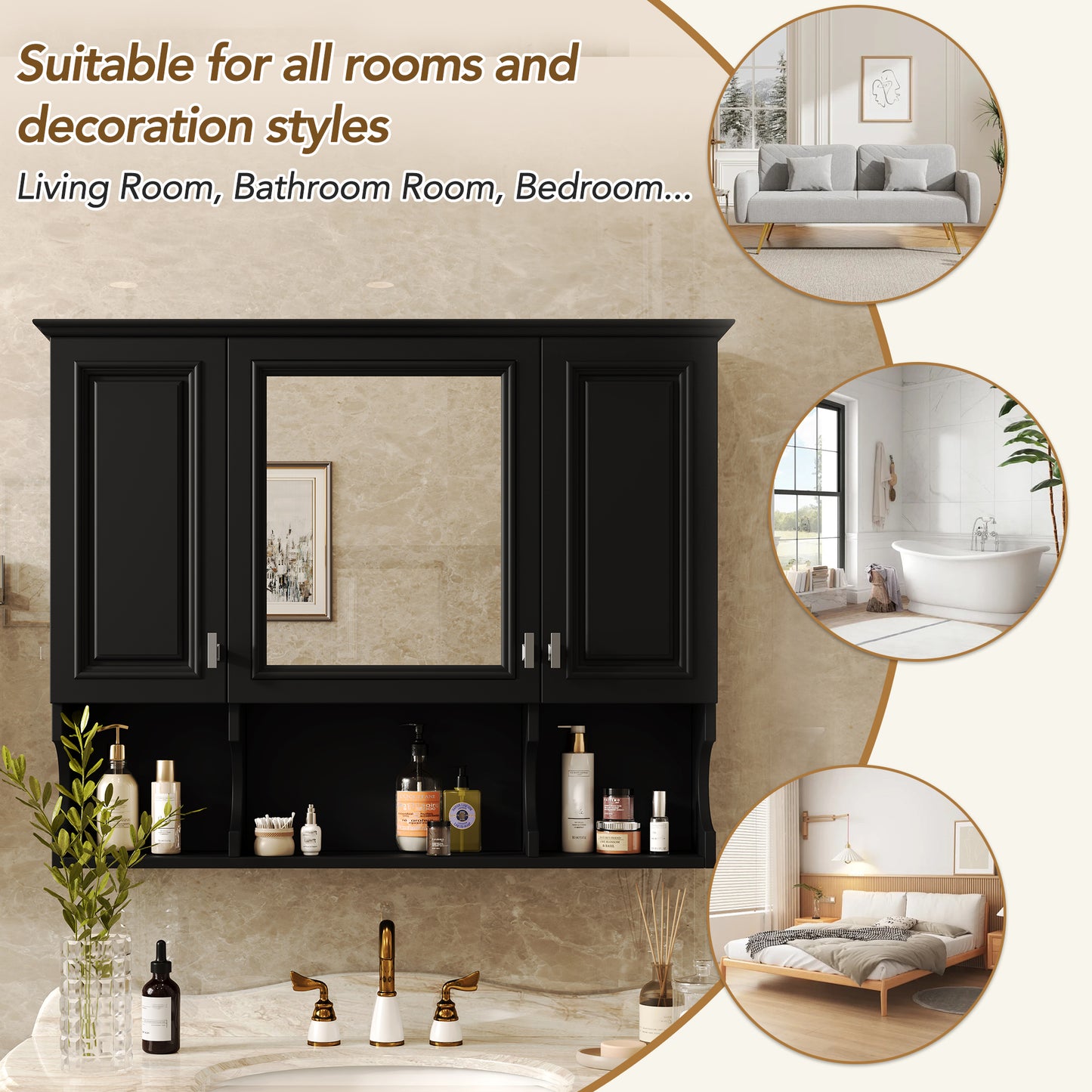 35'' X 28'' Wall Mounted Bathroom Medicine Cabinet, Modern Bathroom Wall Cabinet With Mirror, Mirror Cabinet With Open Shelves