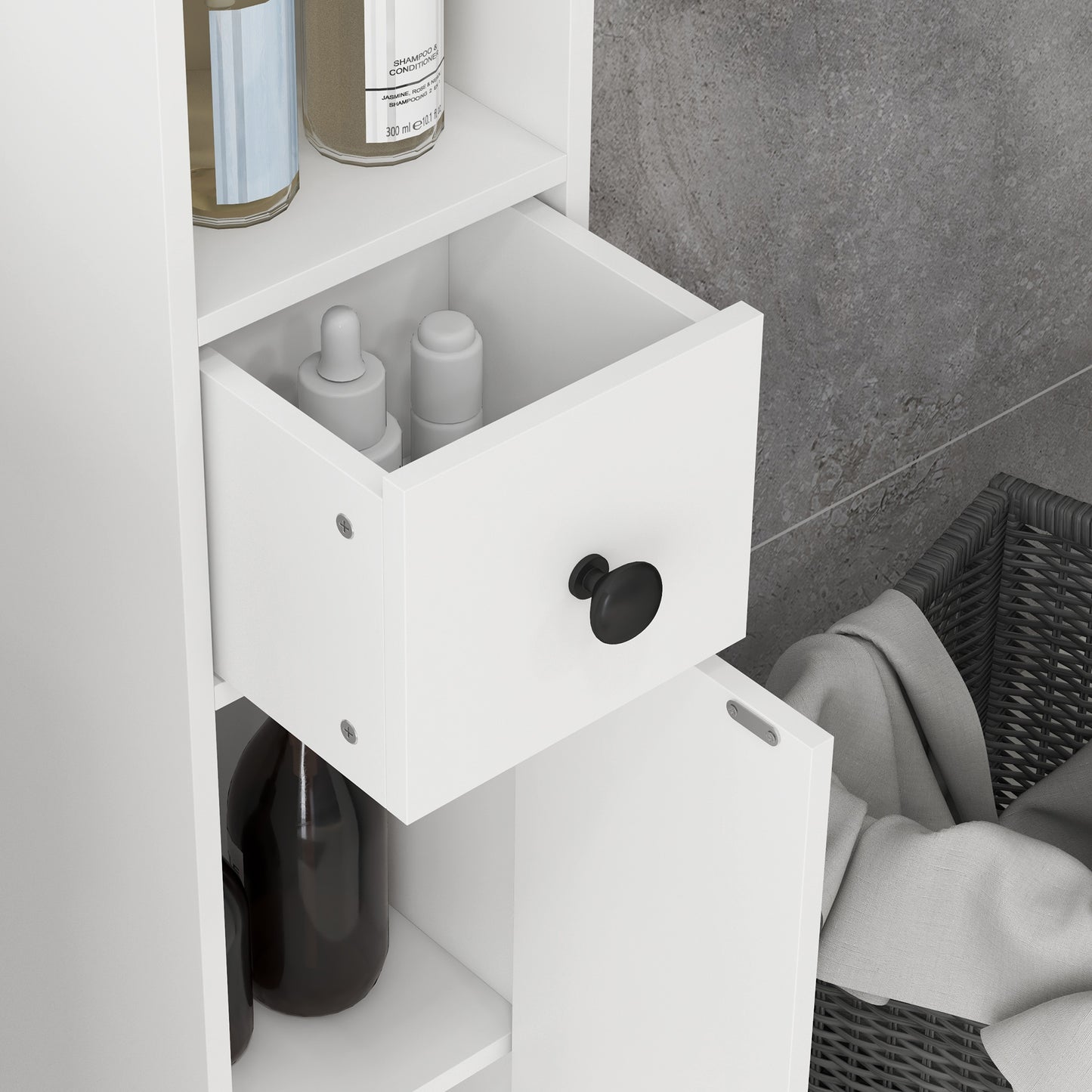 71" Small Bathroom Storage Cabinet, Narrow Toilet Paper Cabinet with Open Shelves, 2 Cabinets, Adjustable Shelves, White