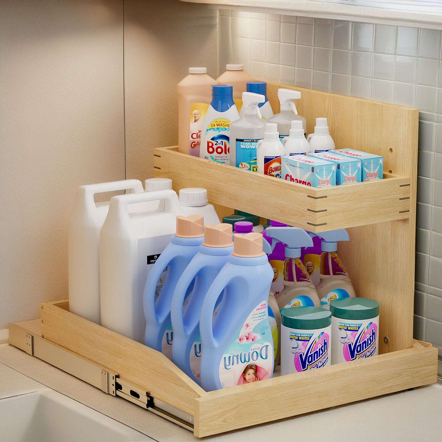 Under Sink Organizers And Storage 22 W X 21 D, 2 Tier Pull Out Cabinet Organizer With Soft Close, Adjustable Pull Out Cabinet Organizer With U Bracket For Bathroom Kitchen Right