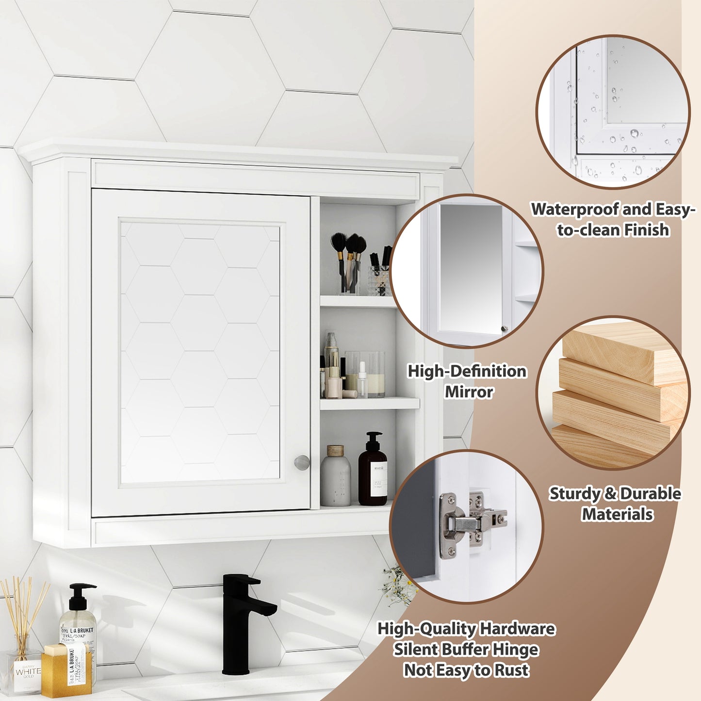 30 X 28 Medicine Cabinet, Wall Mounted Bathroom Storage Cabinet, Modern Bathroom Wall Cabinet With Mirror,Medicine Cabinet, Mirror Cabinet With 3 Open Shelves Not Include Bathroom Vanity