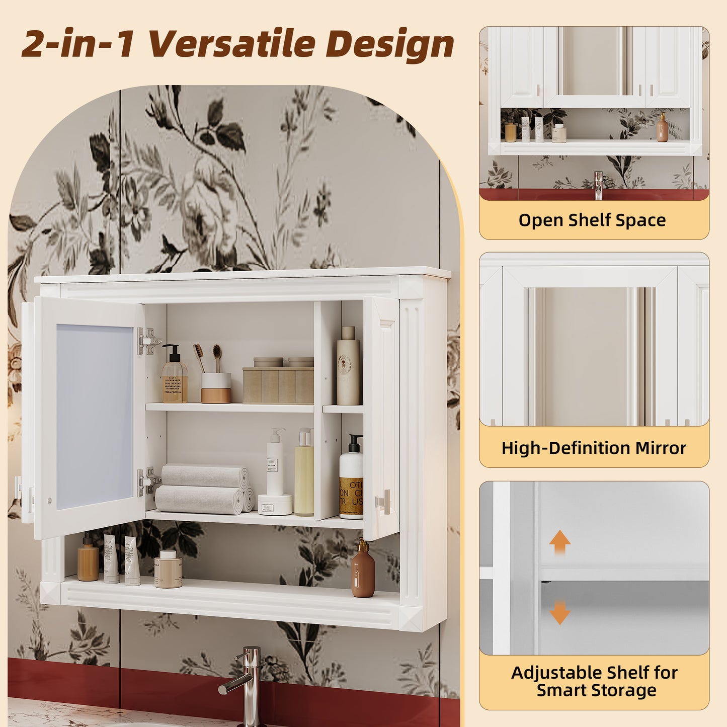 35inch Bathroom Wall Cabinet With Mirror, Wall Mounted Medicine Cabinet With Open Shelf, Mirrored Door Over Toilet Storage Cabinet, White