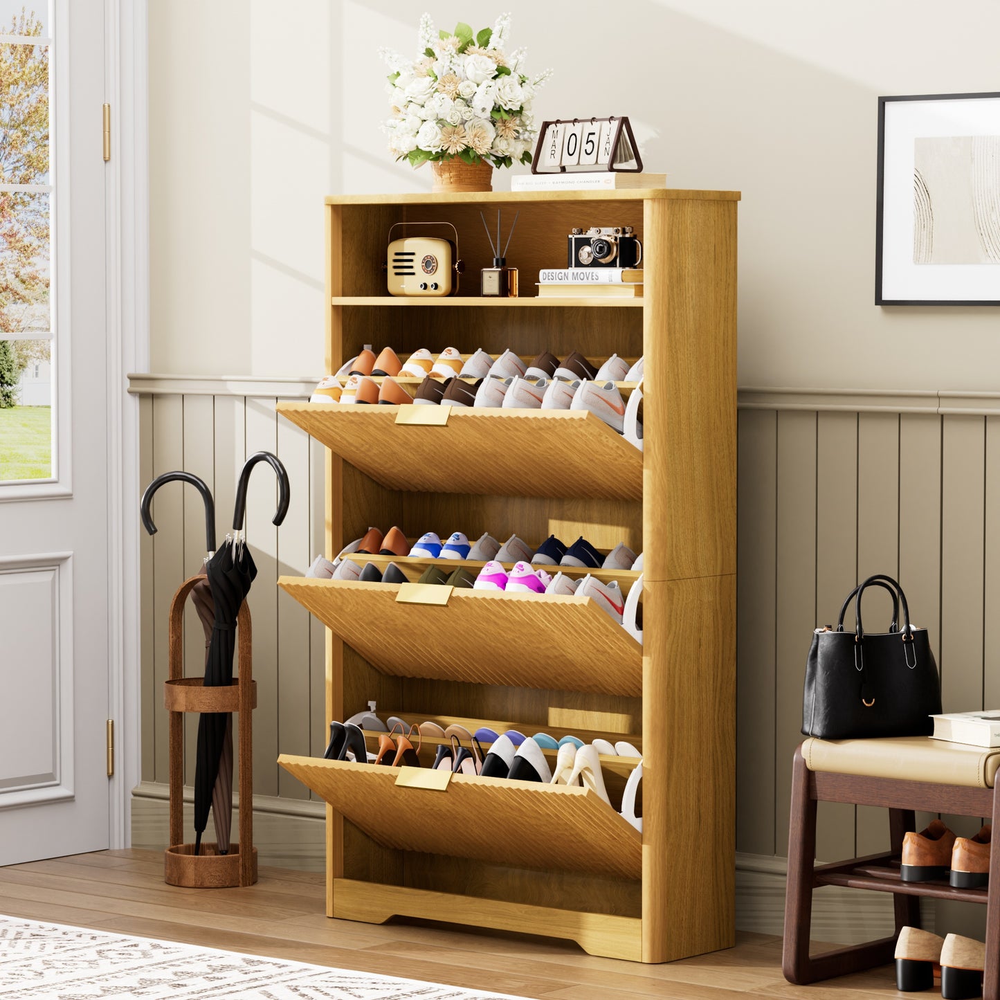 Shoe Cabinet Storage For Entryway Hidden Shoes Storage Cabinet With 3 Flip Drawers, Tall Free Standing Shoe Organizer Rack For Foyer, Hallway. Natural,31.6 L X 9.6 W X 54.4 H.