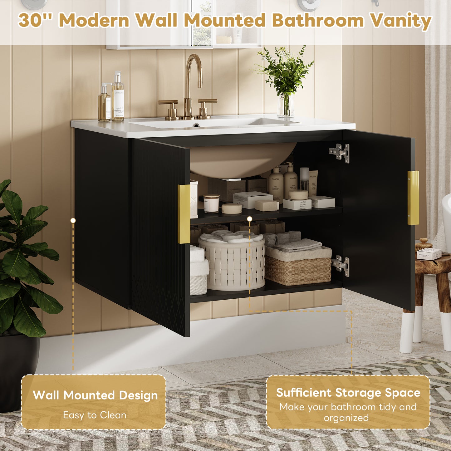 30 Vintage Bathroom Vanity With Ceramic Sink, With 3 Holes Single Ceramic Sink, Bathroom Storage Vanity Cabinet With 2 Soft Closing Doors