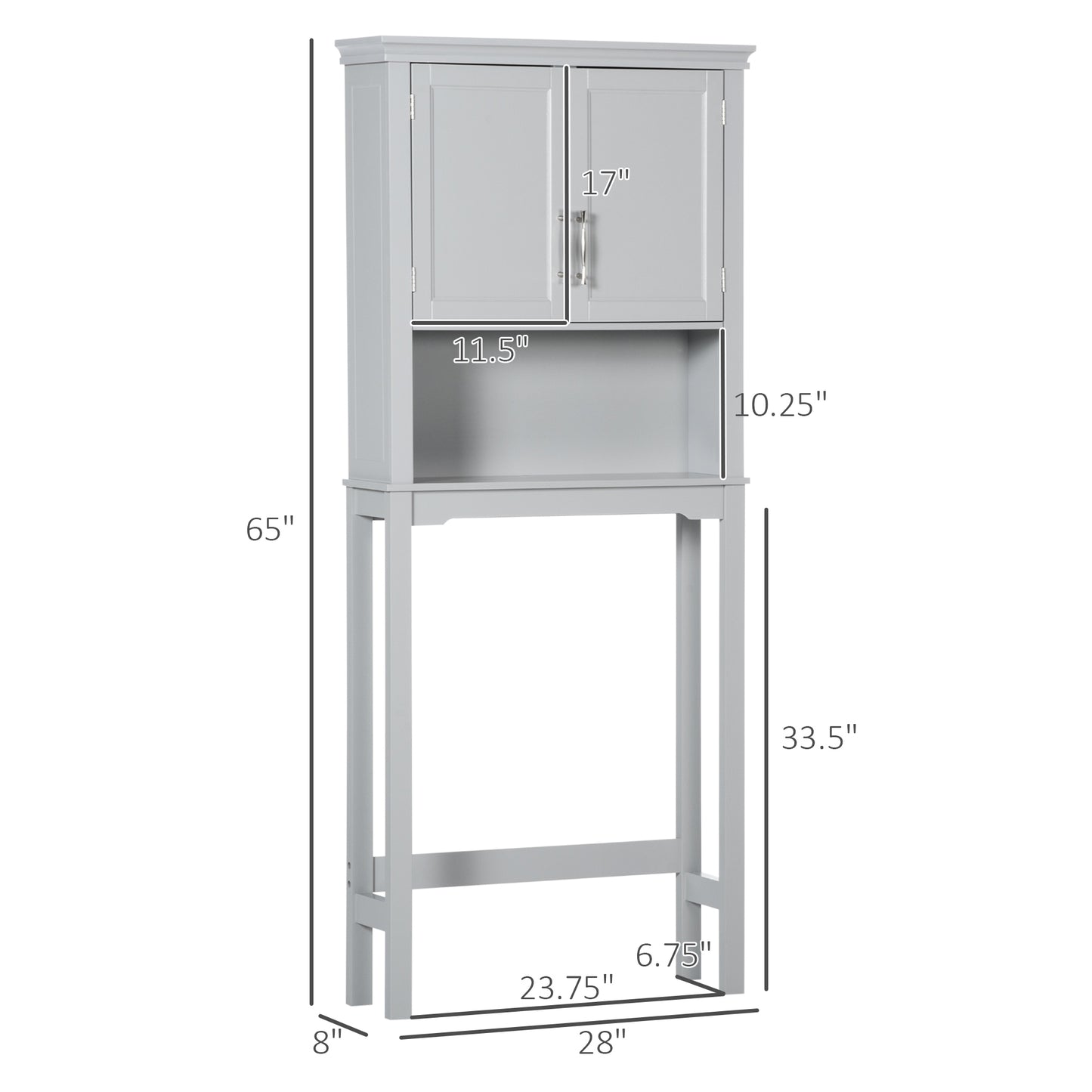 Modern Over The Toilet Storage Cabinet, Double Door Bathroom Organizer with Inner Adjustable Shelf and Open Shelf, Gray
