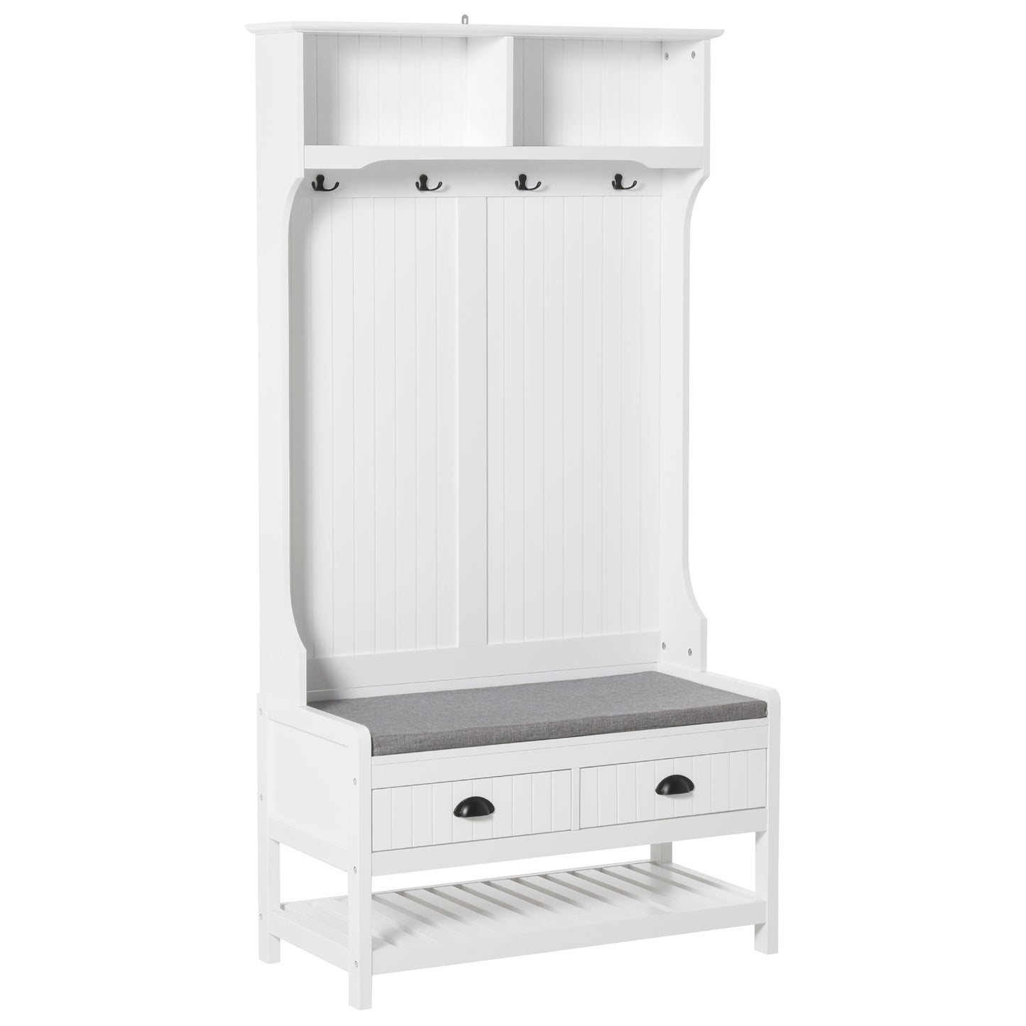 3-in-1 Hall Tree, Entryway Bench with Coat Rack, Mudroom Bench with Shoe Rack, 2 Storage Drawers, 4 Hooks and Padded Seat Cushions for Hallway, White