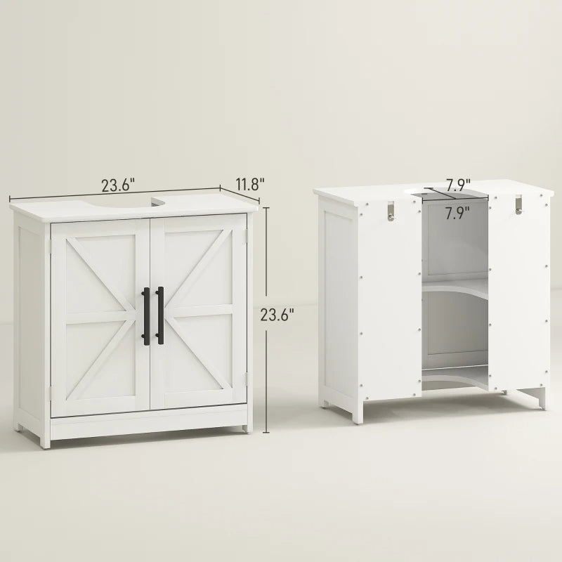 Farmhouse Pedestal Sink Storage Cabinet, Bathroom Sink Cabinet With 2 Barn Doors And Adjustable Shelf, White