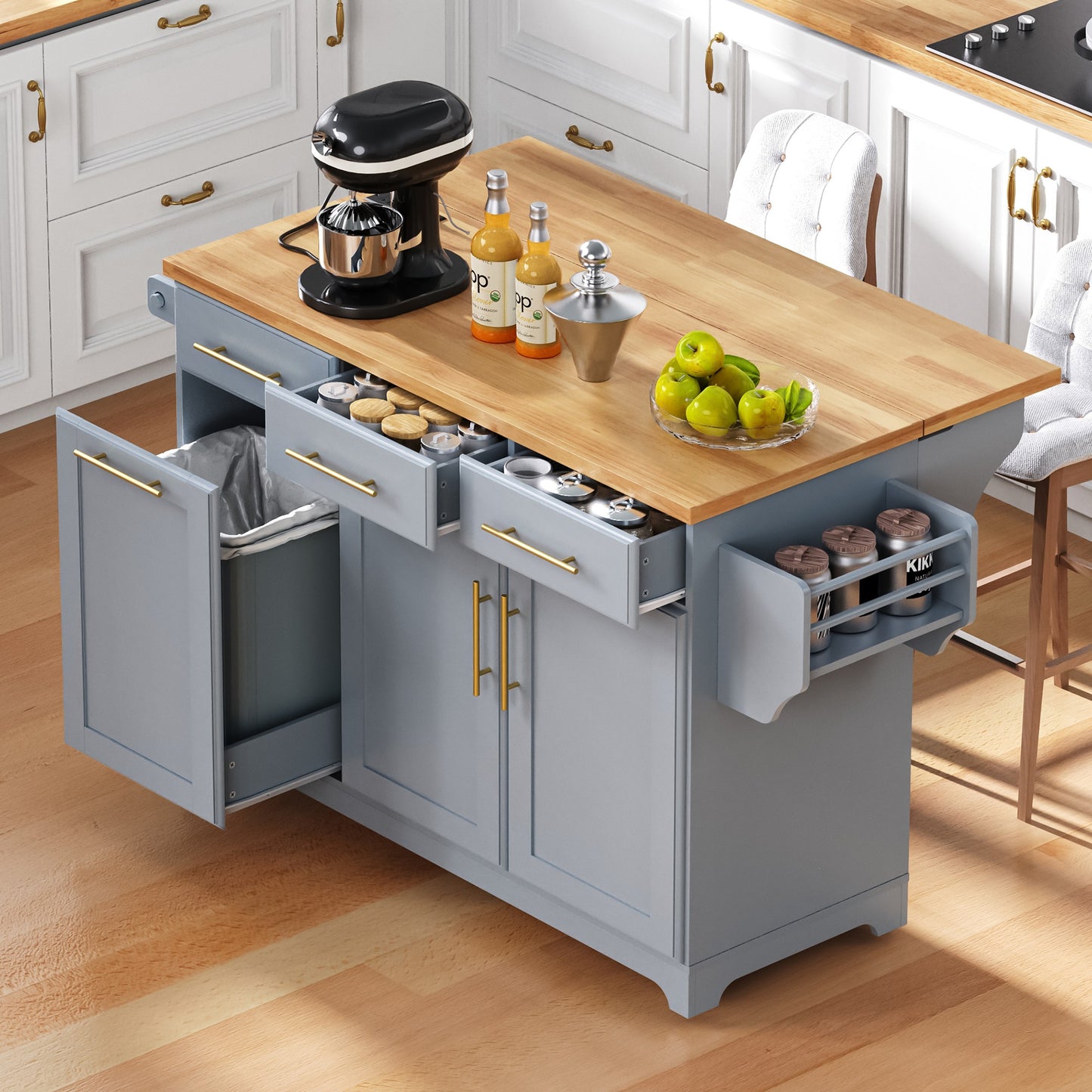 K&K 59.3  Kitchen Island With 2 Pull Out Cabinet Organizers & Rubber Wood Drop Leaf, Rolling Kitchen Island With Trash Can Storage, Power Outlet, Spice & Towel Rack For Kitchen, Dining, Grey Blue