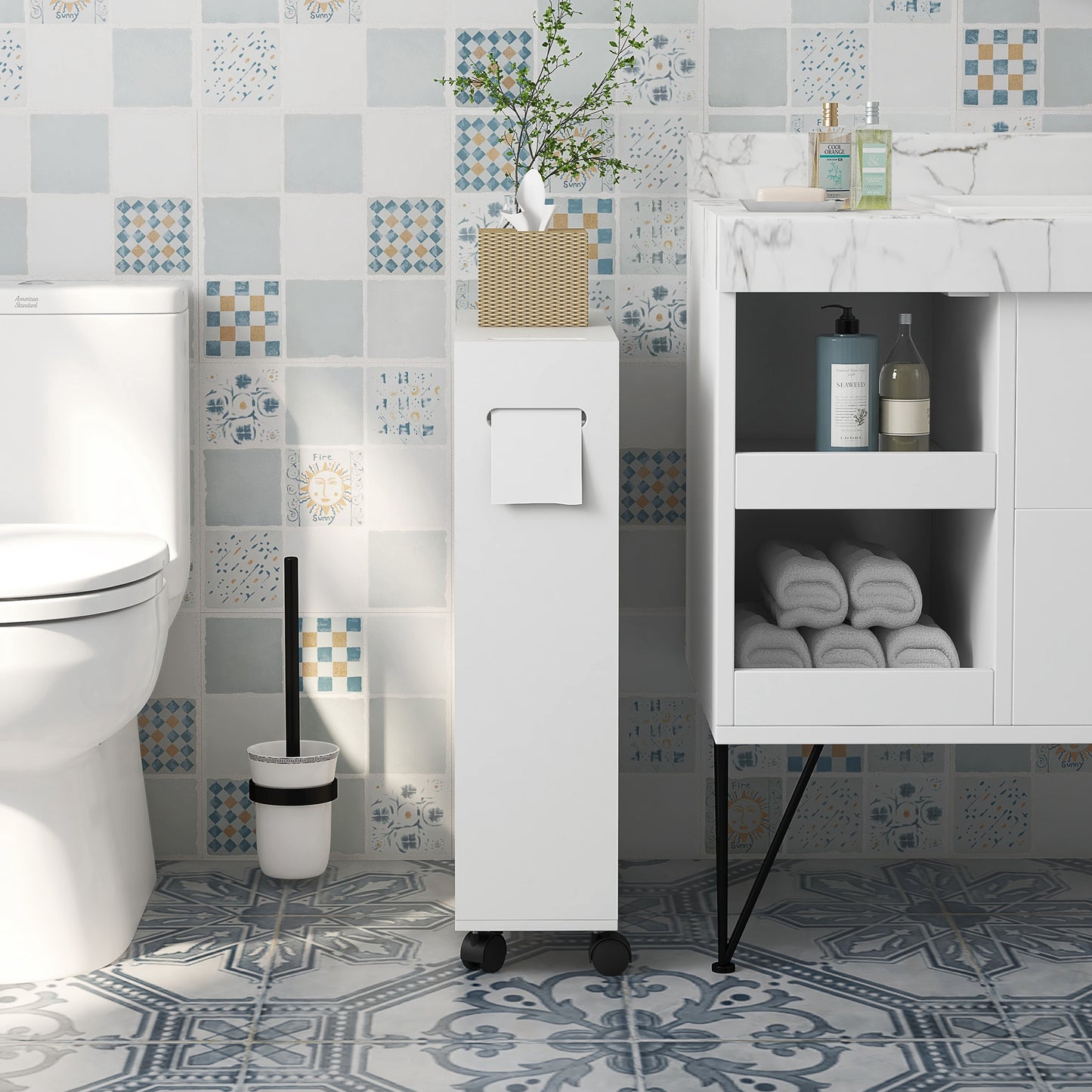 Toilet Paper Cabinet, Slim Bathroom Cabinet with 4 Rolling Wheels, Small Bathroom Storage Cabinet with Paper Holes, Sliding Doors and Adjustable Shelf for Small Space, White