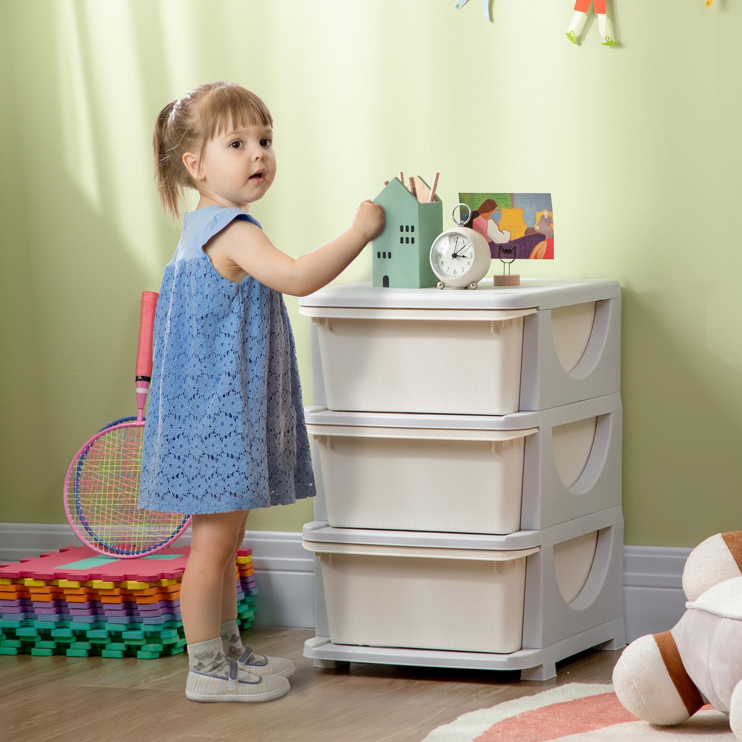 3 Tier Kids Storage Unit, Toy Organizers and Storage with 3 Drawer Chest for Kids Bedroom Nursery Kindergarten Living Room for Boys Girls Toddlers, Cream White