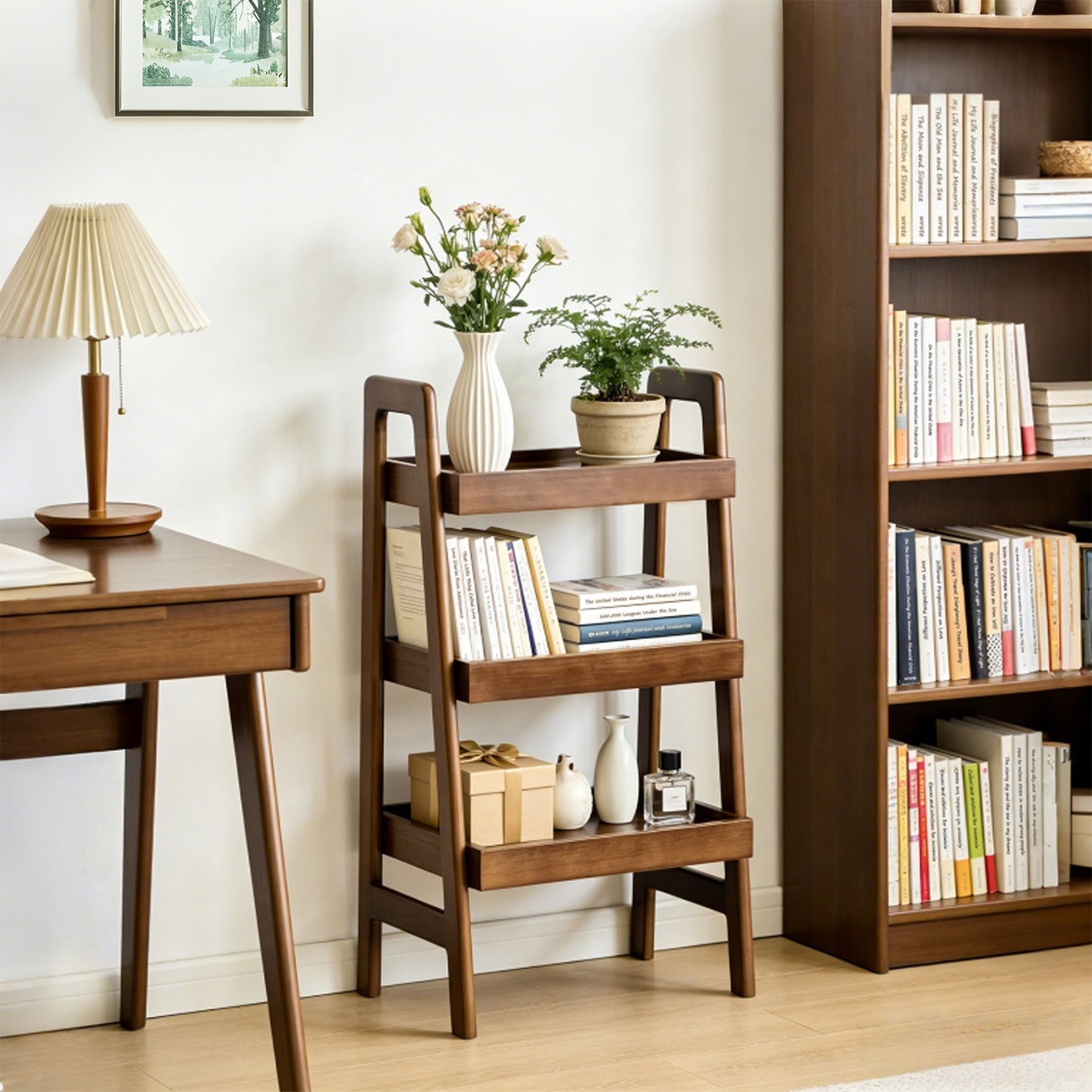 Solid Wood Ladder Shelf, 3 Tier Small Ladder Bookshelf, Freestanding Ladder Shelf With Open Storage,Side Table For Living Room, Bedroom, Study, Home Office, Saving Space, Walnut