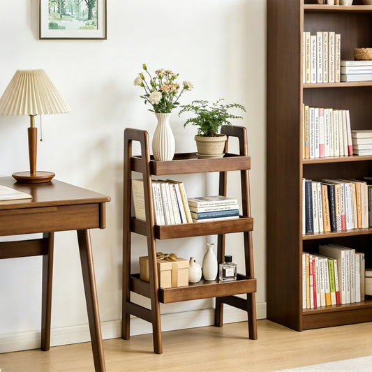 Solid Wood Ladder Shelf, 3 Tier Small Ladder Bookshelf, Freestanding Ladder Shelf With Open Storage,Side Table For Living Room, Bedroom, Study, Home Office, Saving Space, Walnut