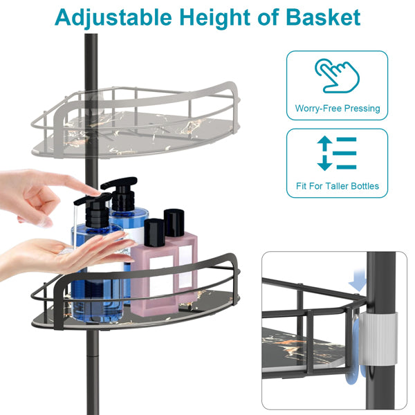 Corner Shower Caddy Tension Pole, Quick Setup, Rust-Free Bathroom Shower Organizer Corner For Bathtub Shampoo Storage, 4-Tier Adjustable Shelf, Drill Free, Fits 8.66 To 116 Inch Height, Black