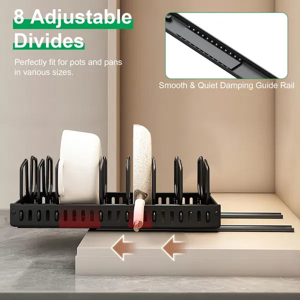Under Cabinet Pots & Pans Organizer – Adjustable Sliding Kitchen Storage Rack