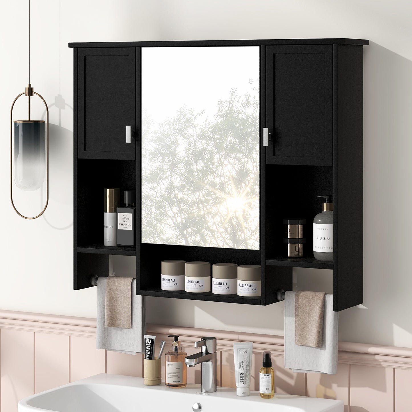 35'' X 28'' Modern Wall Mounted Bathroom Storage Cabinet, Bathroom Wall Cabinet With Mirror, Medicine Cabinet With Towels Bar
