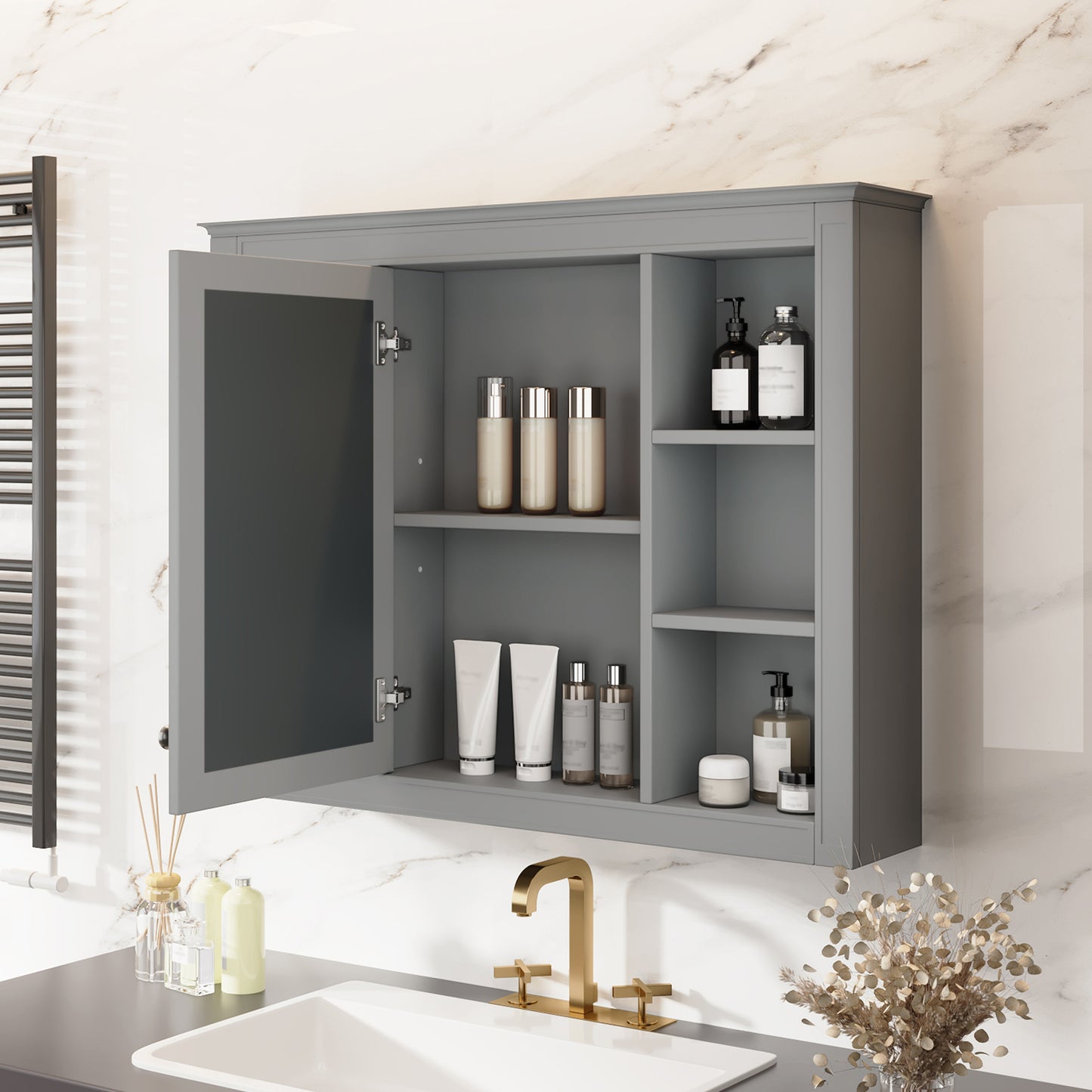 35 X 27.5 Medicine Cabinet, Wall Mounted Bathroom Storage Cabinet, Modern Bathroom Wall Cabinet With Mirror, Mirror Cabinet With 6 Open Shelves Not Include Bathroom Vanity