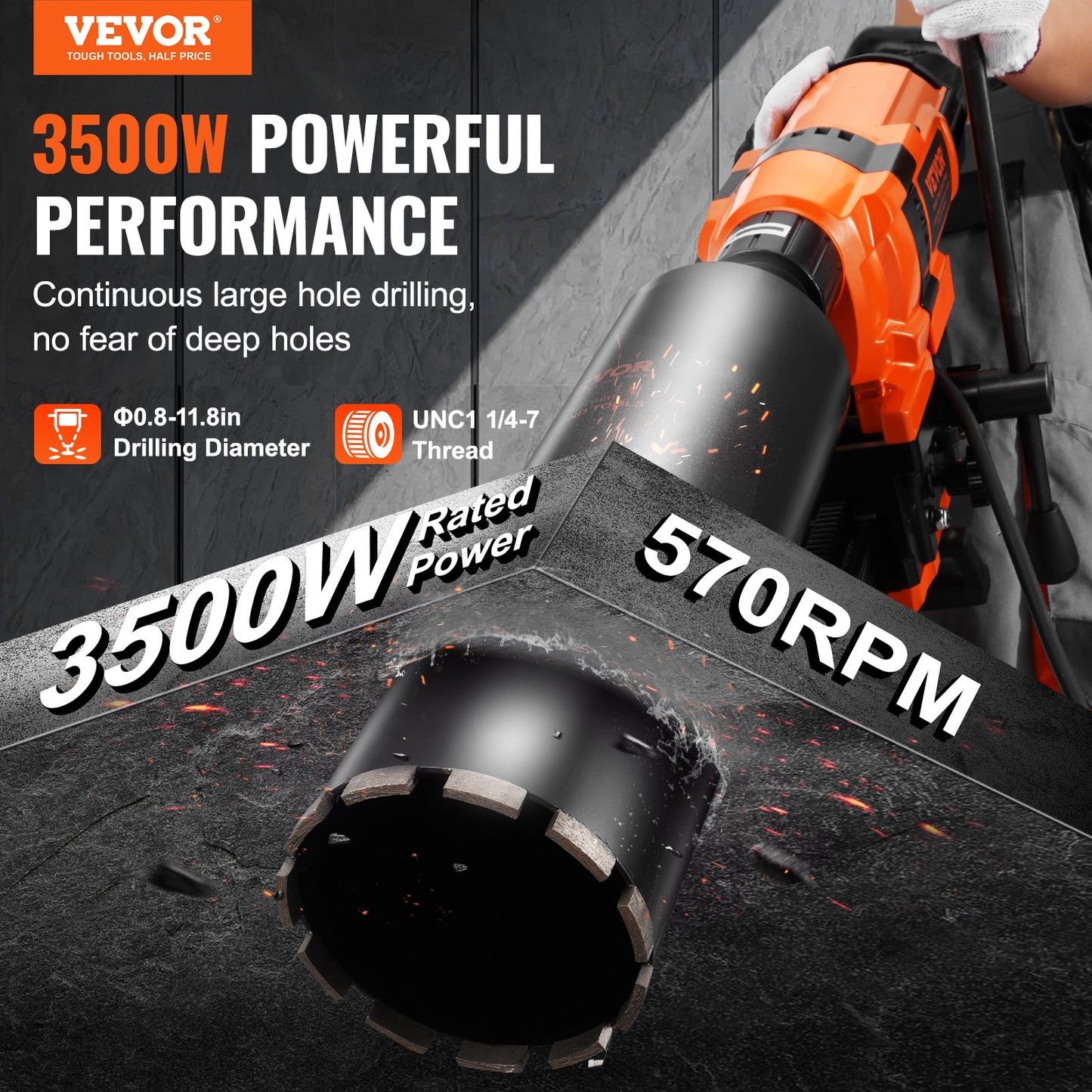Core Drill Machine 0.8-11.8in Dia 3500W Diamond Core Drill Rig With Stand