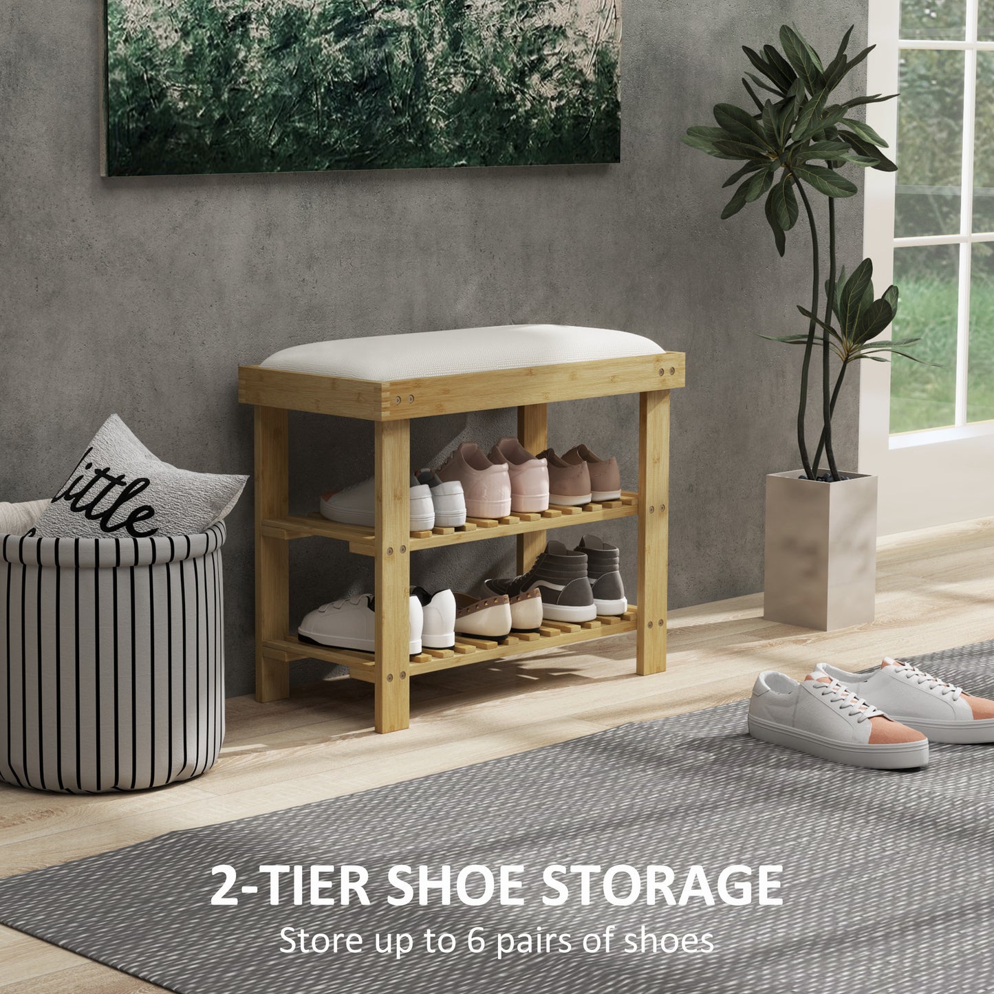 Bamboo Shoe Storage Bench, 3-Tier Entryway Bench with Cushion, Shoe Organizer for Entryway, Hallway, Cream White
