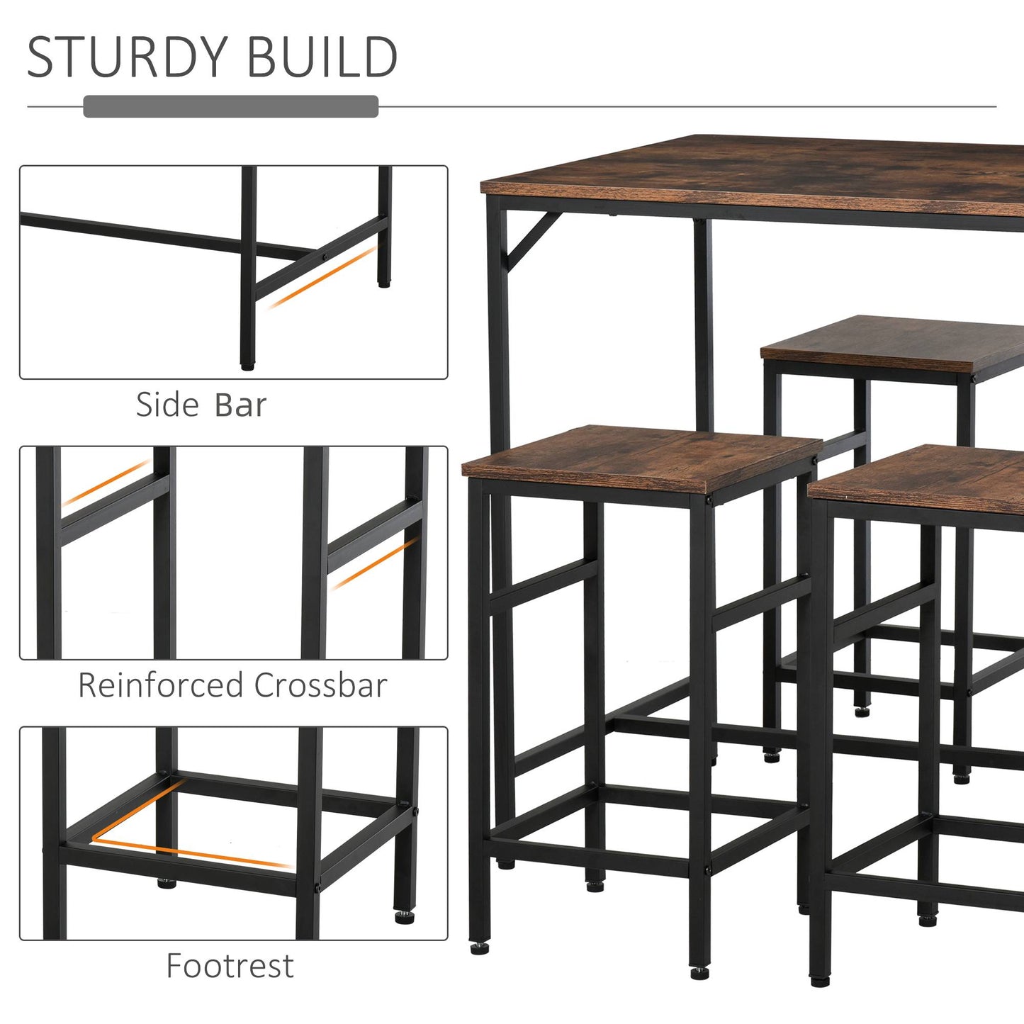 5-Piece Industrial Dining Table Set, Bar Table & 4 Stools Set, Space Saving For Pub & Kitchen, Rustic Brown/Black