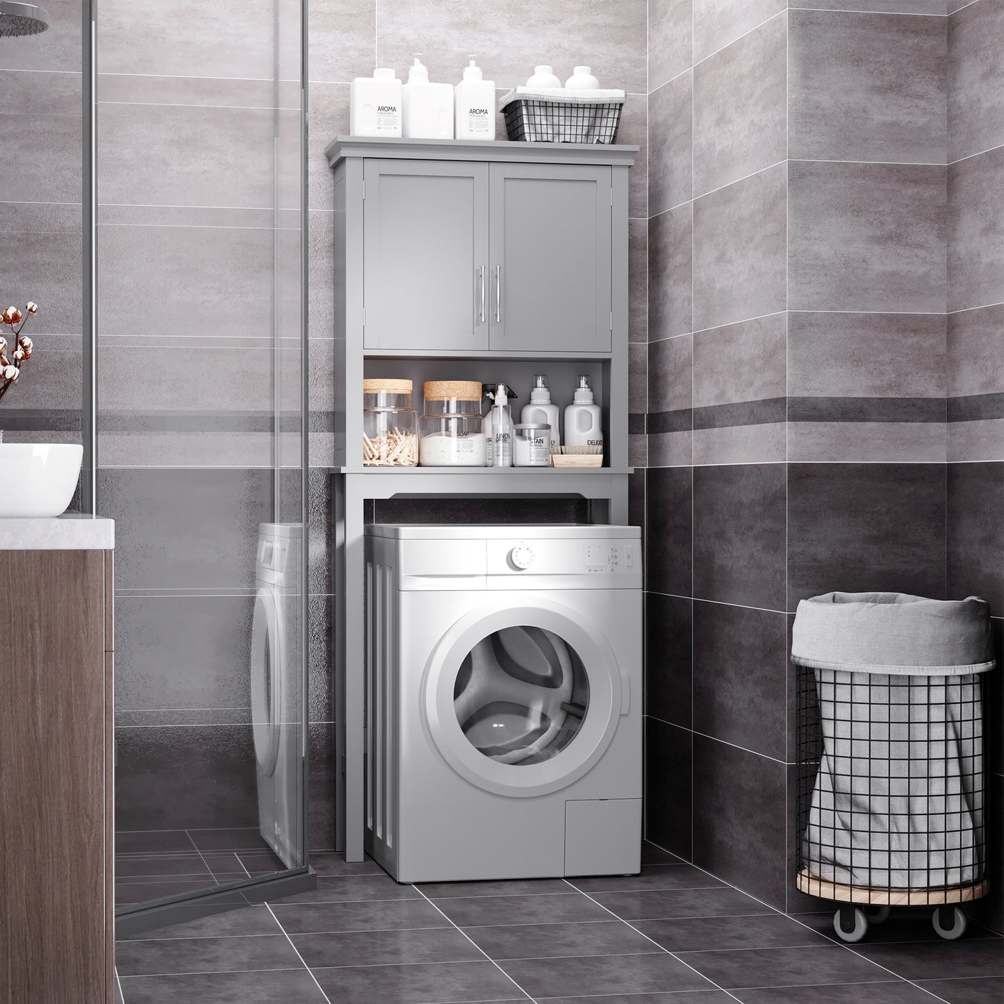 Modern Over The Toilet Storage Cabinet, Double Door Bathroom Organizer with Inner Adjustable Shelf and Open Shelf, Gray