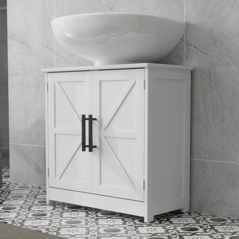 Farmhouse Pedestal Sink Storage Cabinet, Bathroom Sink Cabinet With 2 Barn Doors And Adjustable Shelf, White