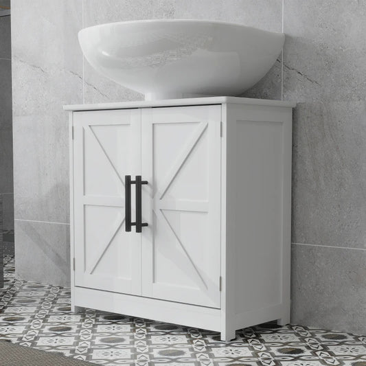 Farmhouse Pedestal Sink Storage Cabinet, Bathroom Sink Cabinet With 2 Barn Doors And Adjustable Shelf, White
