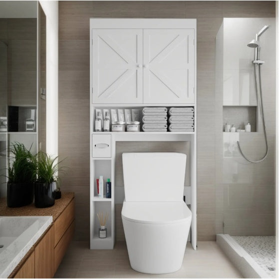 Over The Toilet Storage Cabinet With 2 Door  Home Space Saving Toilet Rack, Farmhouse Style For Bathroom, Restroom, Laundry