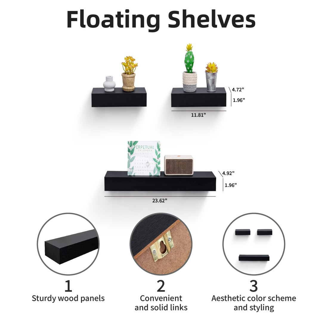 Floating Shelves  23.6 Wall Mounted Wood Shelves For Bathroom, Bedroom, Living Room, Kitchen, Hanging Shelf For Books Storage Decor With Invisible Brackets, Black
