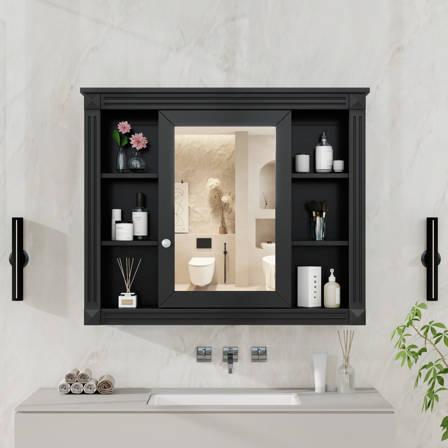 35 X 28 Wall Mounted Bathroom Storage Cabinet, Medicine Cabinet, Modern Bathroom Wall Cabinet With Mirror, Mirror Cabinet With 6 Open Shelves Not Include Bathroom Vanity