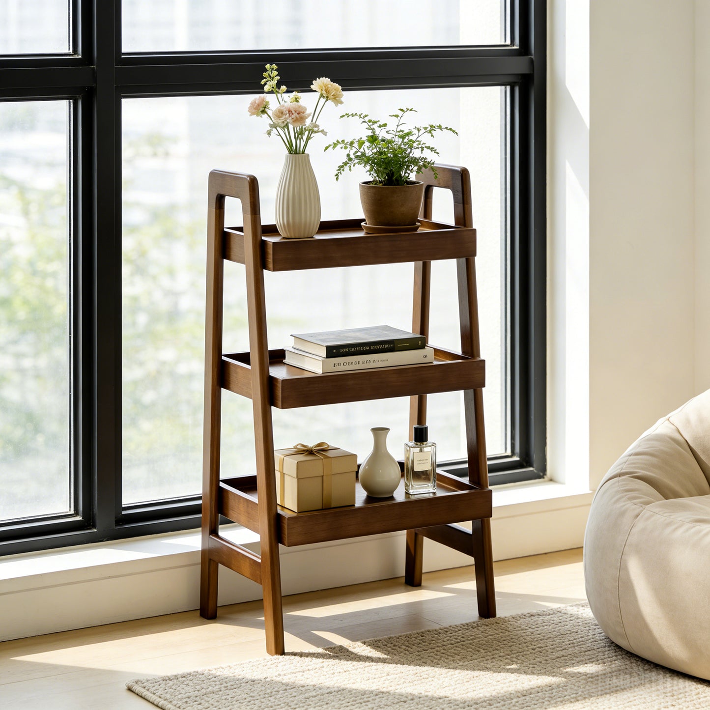 Solid Wood Ladder Shelf, 3 Tier Small Ladder Bookshelf, Freestanding Ladder Shelf With Open Storage,Side Table For Living Room, Bedroom, Study, Home Office, Saving Space, Walnut