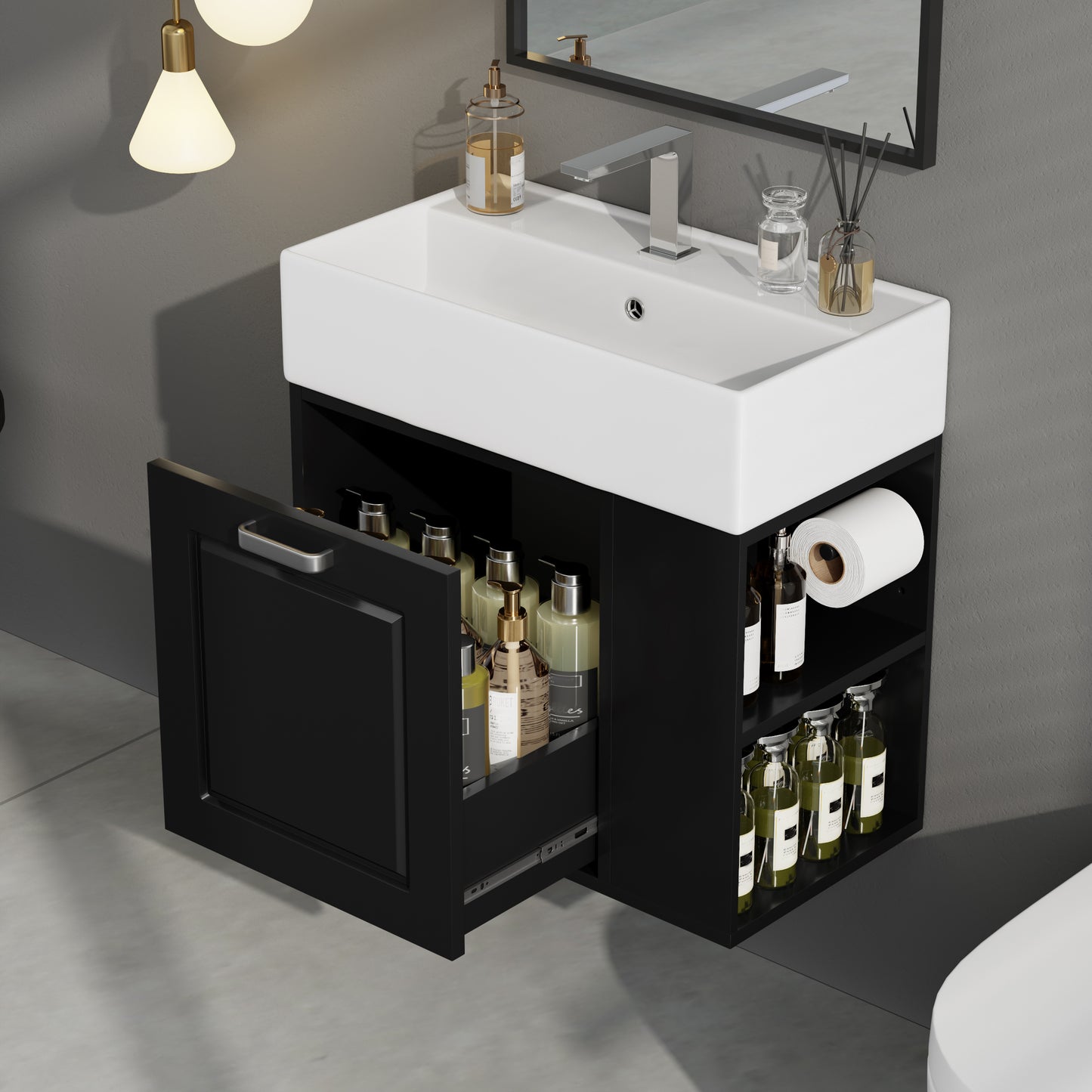 21.8 Inch Bathroom Vanity With Sink, Wall Mounted Floating Cabinet, One Big Drawer, Adjustable Shelf, Toilet Paper Holder, Soft-Close System, Black