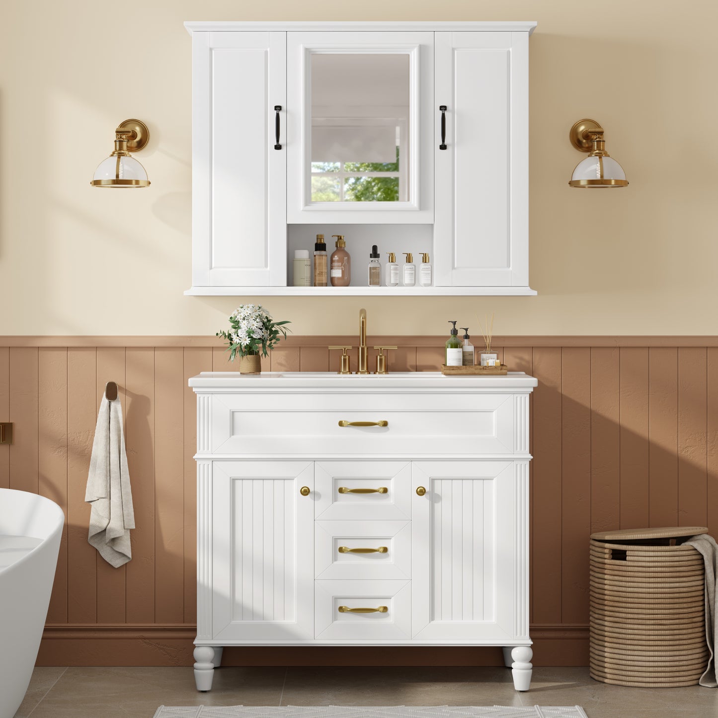 36 Medicine Cabinet, Wall Mounted Bathroom Storage Cabinet, Modern Bathroom Wall Cabinet With Mirror, Mirror Cabinet With 3 Doors Not Include Bathroom Vanity