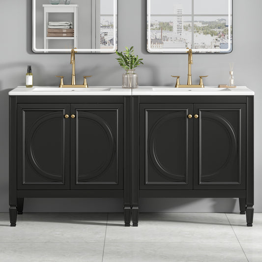 60 Bathroom Vanity With Double Sink Combo Set, Ceramic Sink, Soft Close Doors With Shelf, Storage Drawer, Black