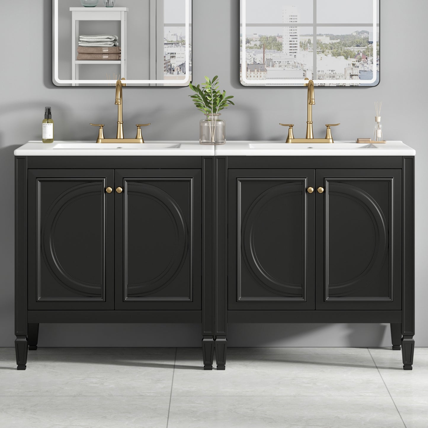 60 Bathroom Vanity With Double Sink Combo Set, Ceramic Sink, Soft Close Doors With Shelf, Storage Drawer, Black