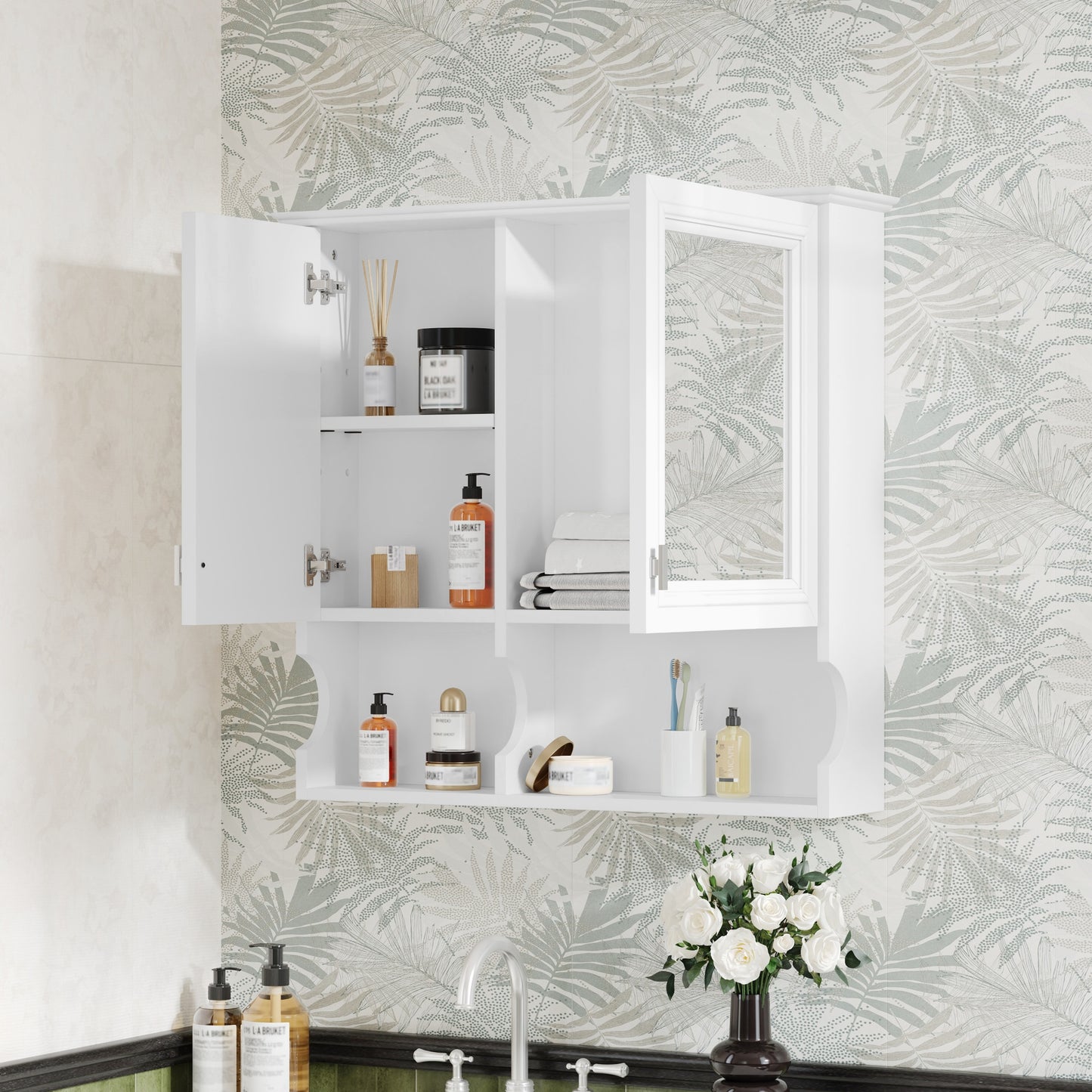 30 Inch Mirror Medicine Cabinet With Open Shelves, Wall Mounted Home Storage With Doors & Mirror, Adjustable Shelf, Bathroom Storage Cabinet Over Toilet