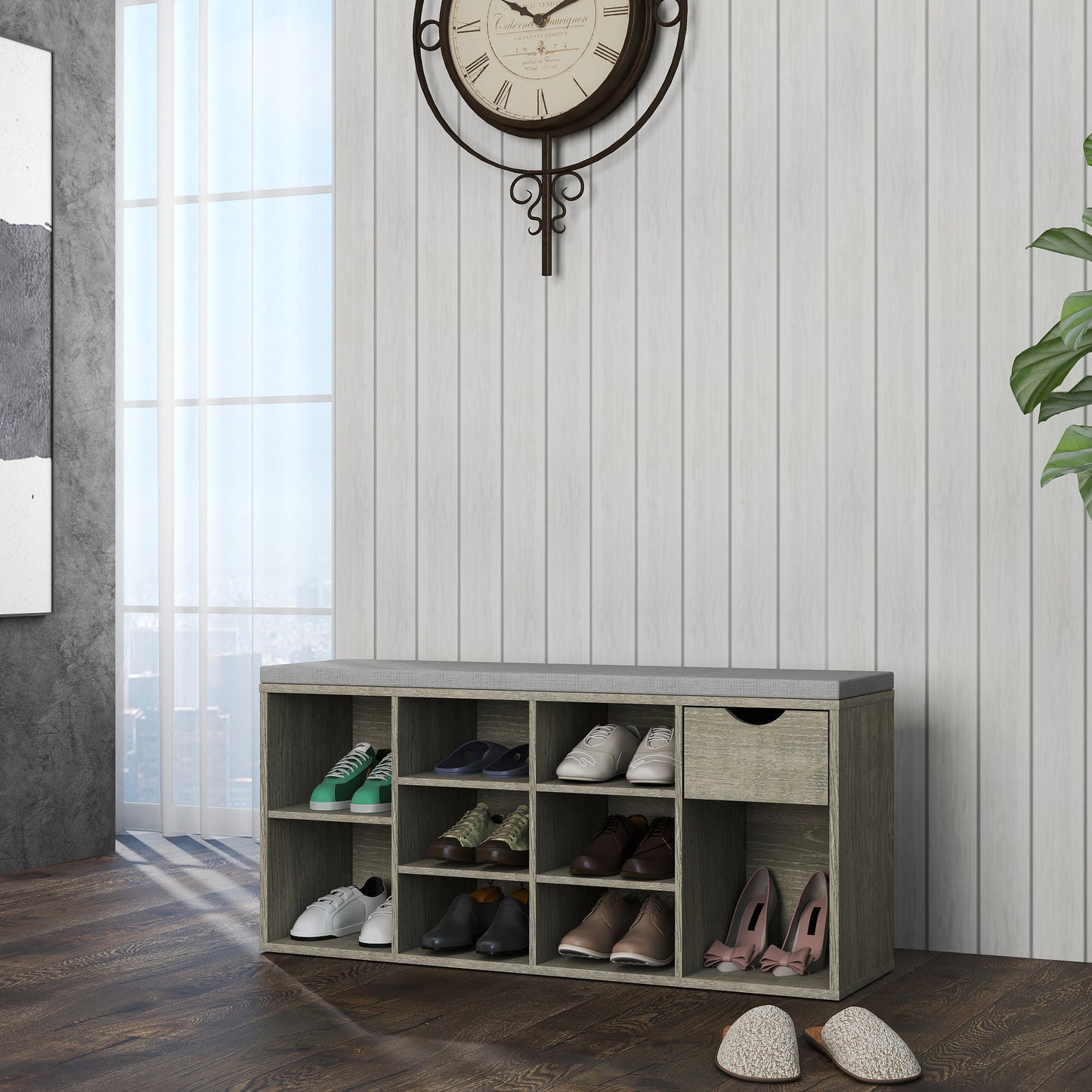 Storage Bench, Shoe Bench, Entryway Bench With Padded Cushion, Drawer And Open Compartments, Bench With Storage, 3 Tier Shoe Rack Bench