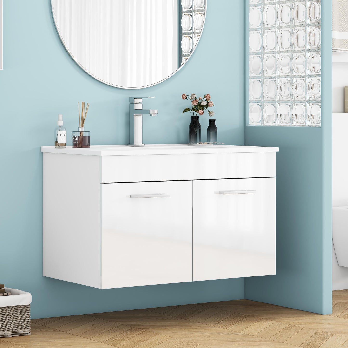 32-Inch Bathroom Vanity With Sink Combo,Wall-Mounted Bathroom Vanity With Double Doors, Wall Mount Bathroom Cabinet,,Soft Close Hinges,Long Metal Handles,Ceramic Basin,Glossy White