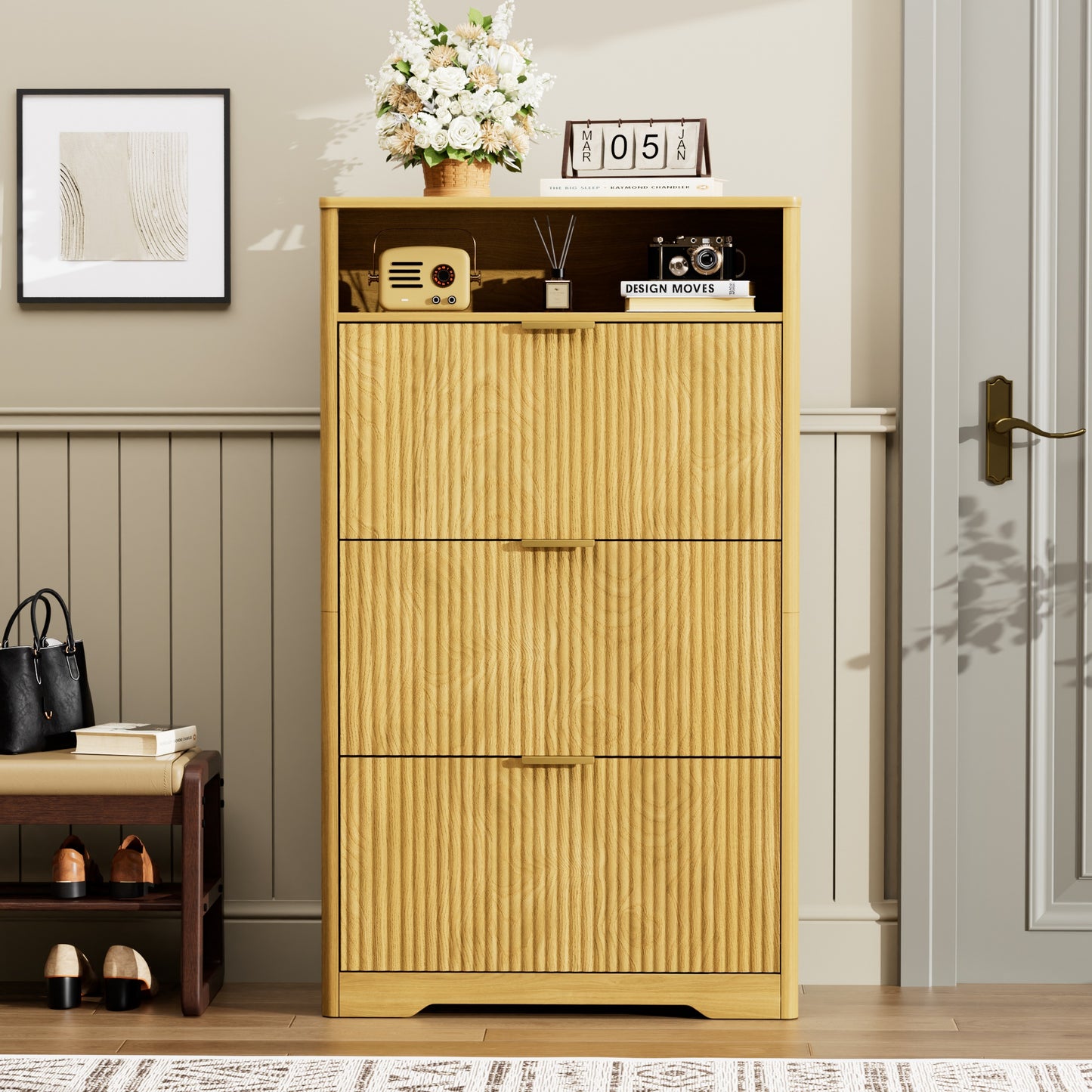 Shoe Cabinet Storage For Entryway Hidden Shoes Storage Cabinet With 3 Flip Drawers, Tall Free Standing Shoe Organizer Rack For Foyer, Hallway. Natural,31.6  L X 9.6  W X 54.4  H.